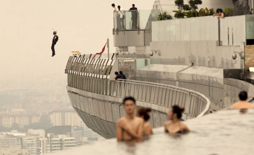 Marina Bay Sands Skypark BASE Jump. Singapore 2012.