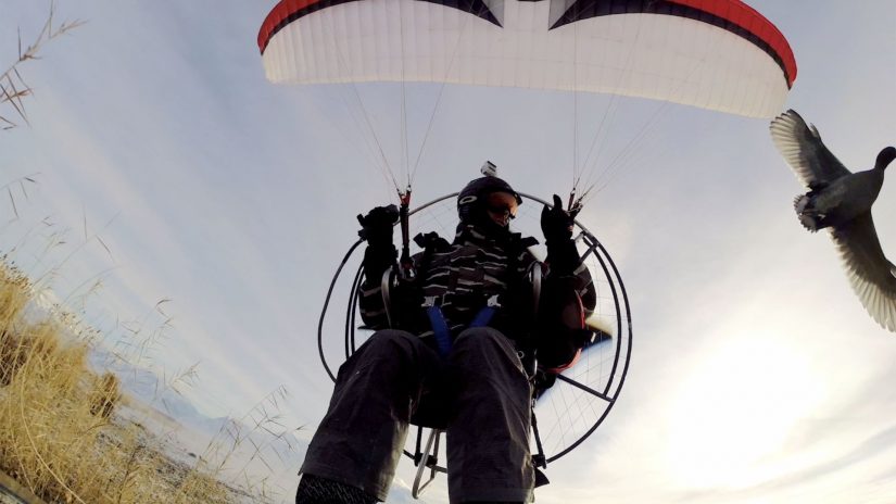 Paramotor Over Snowy Marshes